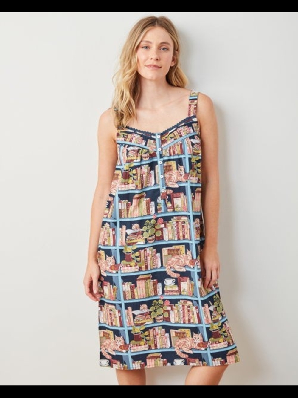 Printfresh Cats Secret Library Back To Bed Nightgown Hideaway Blue 100% Cotton